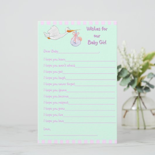 Baby Shower Keepsake - Wishes for Baby Girl (Standing Front)