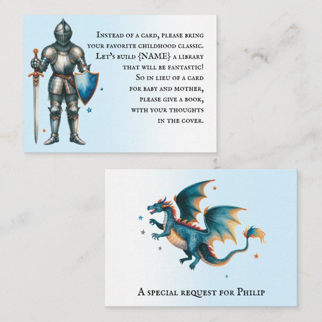 Baby Shower Knight & Dragon Book Request Enclosure Card (Front/Back)