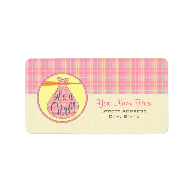 Baby Shower Label - Pink Plaid Stork - It's A Girl (Front)