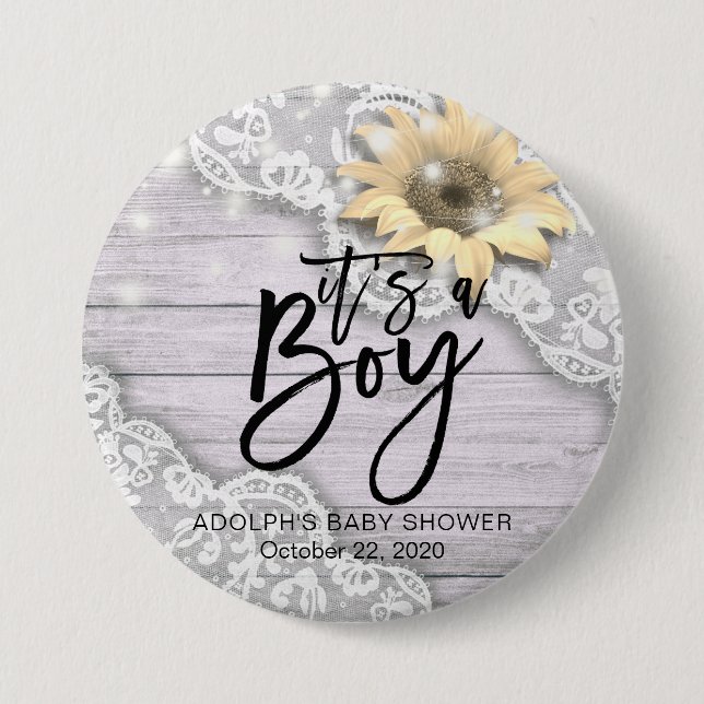 Baby Shower Lace Sunflower Barn Wood String Lights Button (Front)