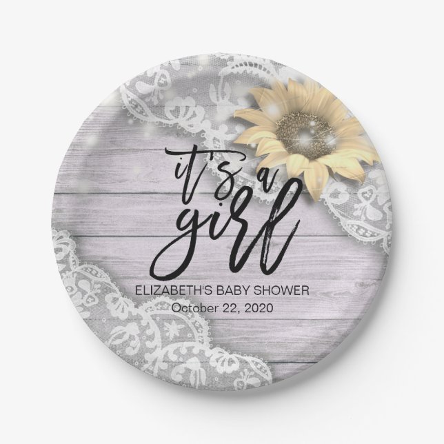 Baby Shower Lace Sunflower Barn Wood String Lights Paper Plates (Front)