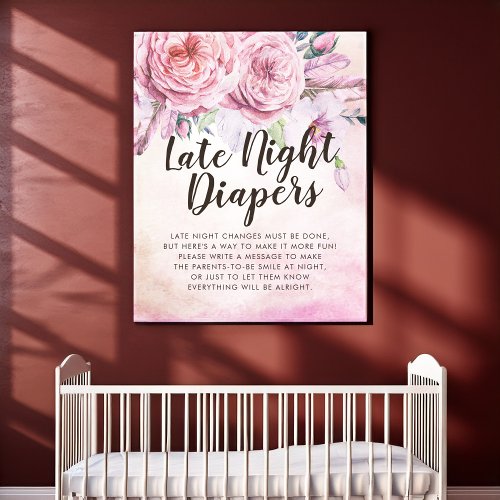 Baby Shower Late Night Diapers Boho Flower Feather Poster