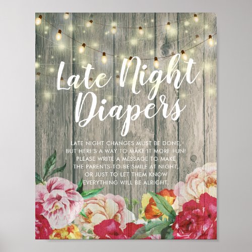 Baby Shower Late Night Diapers Flowers Wood Lights Poster