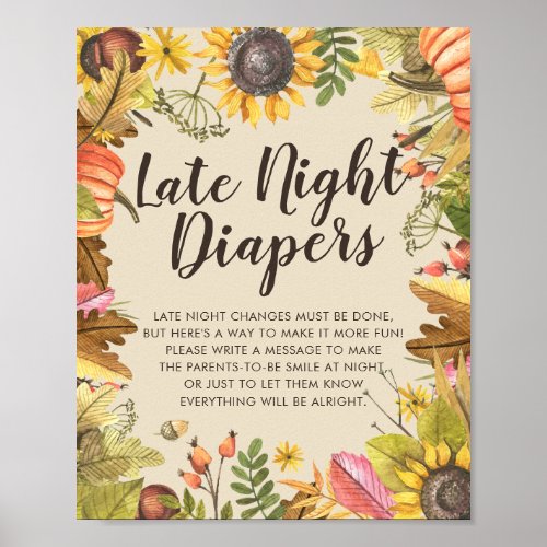 Baby Shower Late Night Diapers Pumpkins Sunflowers Poster