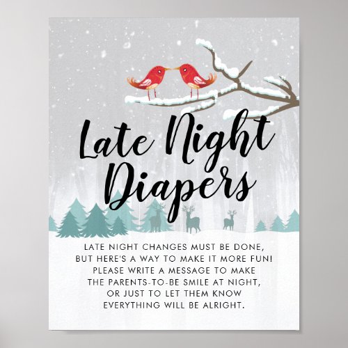 Baby Shower Late Night Diapers Snow Birds Reindeer Poster