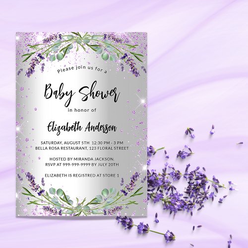 Baby Shower lavender silver eucalyptus floral Invitation Postcard