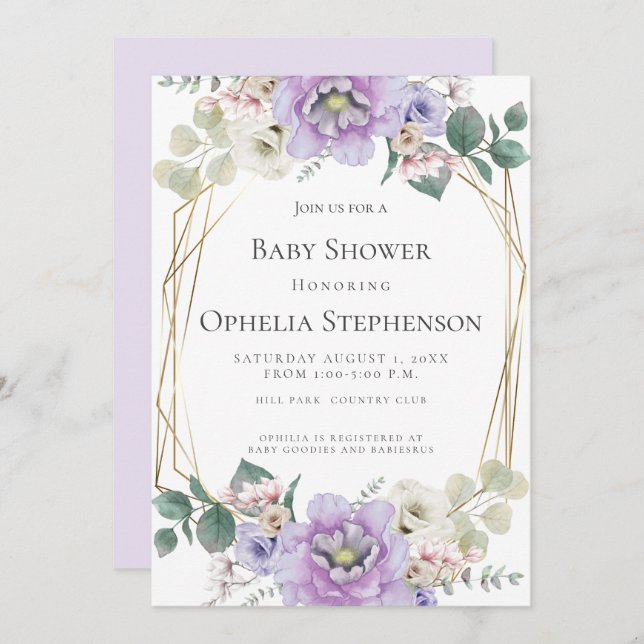 BABY SHOWER | Lavender Watercolor Flowers Invitation (Front/Back)