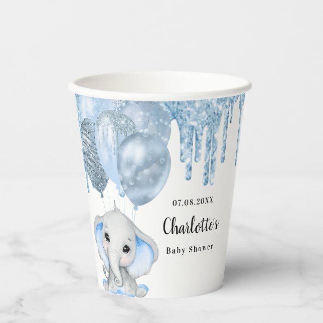 Baby Shower light blue boy glitter elephant Paper  Cups (Front)