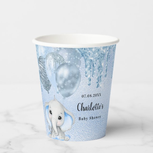 Baby Shower light blue boy glitter elephant Paper Cups (Front)