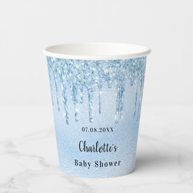 Baby Shower light blue boy glitter monogram Paper Cups (Back)