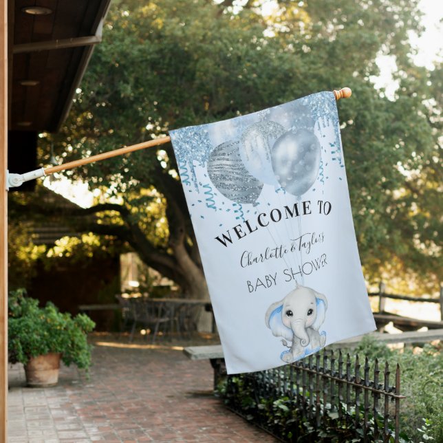 Baby Shower light blue elephant boy balloons House Flag (In SItu)