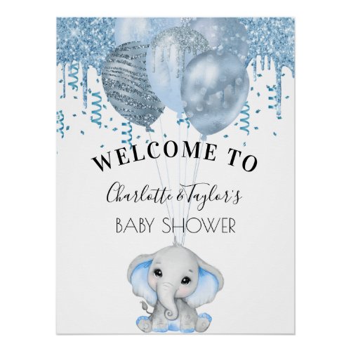 Baby Shower light blue elephant boy balloons Poste Poster