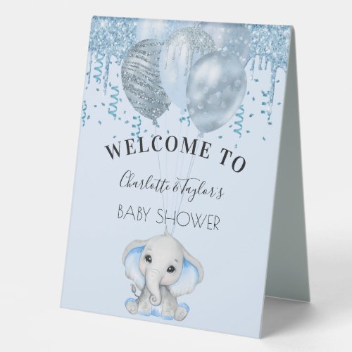 Baby Shower light blue elephant boy balloons Table Tent Sign