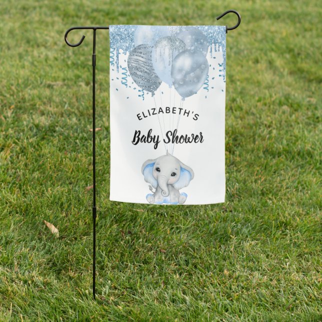 Baby Shower light blue elephant boy balloons white Garden Flag (In SItu)