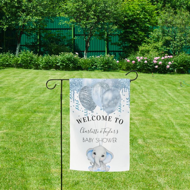 Baby Shower light blue elephant boy balloons white Garden Flag (Creator Uploaded)