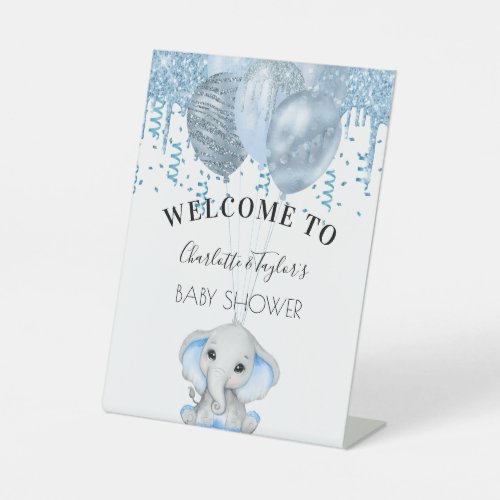 Baby Shower light blue elephant boy balloons white Pedestal Sign