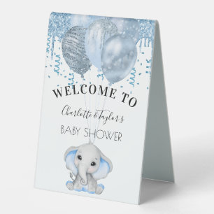 Baby Shower light blue elephant boy balloons white Table Tent