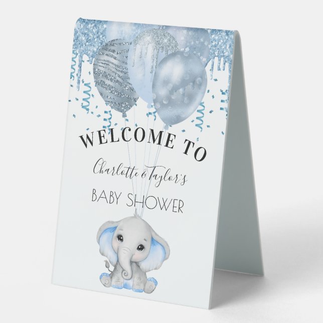 Baby Shower light blue elephant boy balloons white Table Tent (Front)