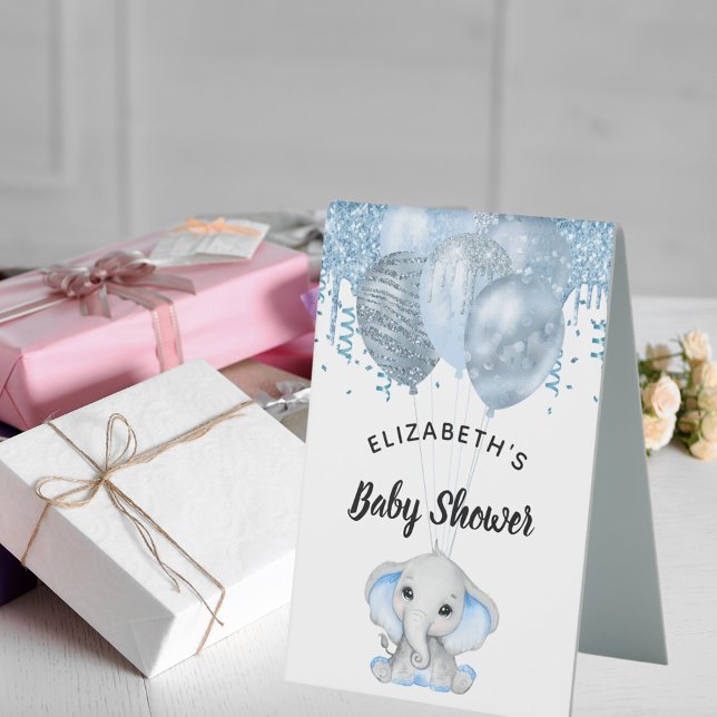 Baby Shower light blue elephant boy balloons white Table Tent (Creator Uploaded)