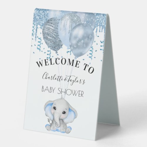 Baby Shower light blue elephant boy balloons white Table Tent Sign