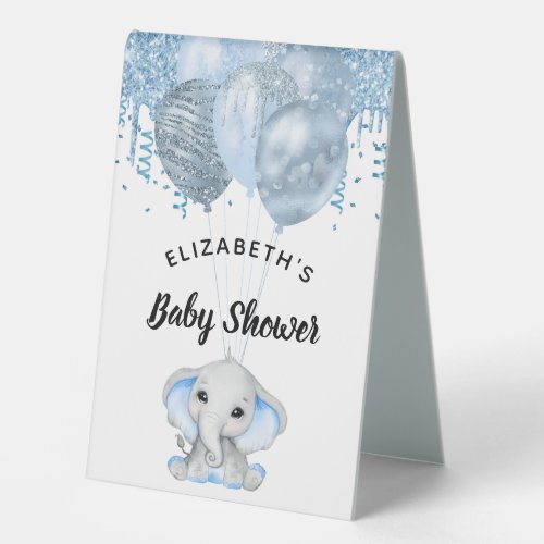 Baby Shower light blue elephant boy balloons white Table Tent Sign