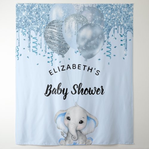 Baby Shower light blue glitter elephant boy silver Tapestry