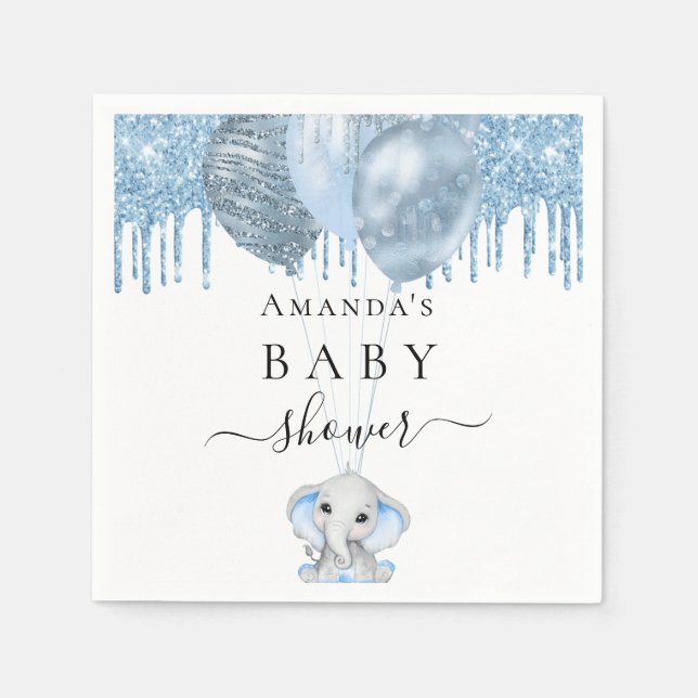 Baby Shower light blue glitter white elephant boy Napkins (Front)