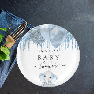 Baby Shower light blue glitter white elephant boy Paper Plates