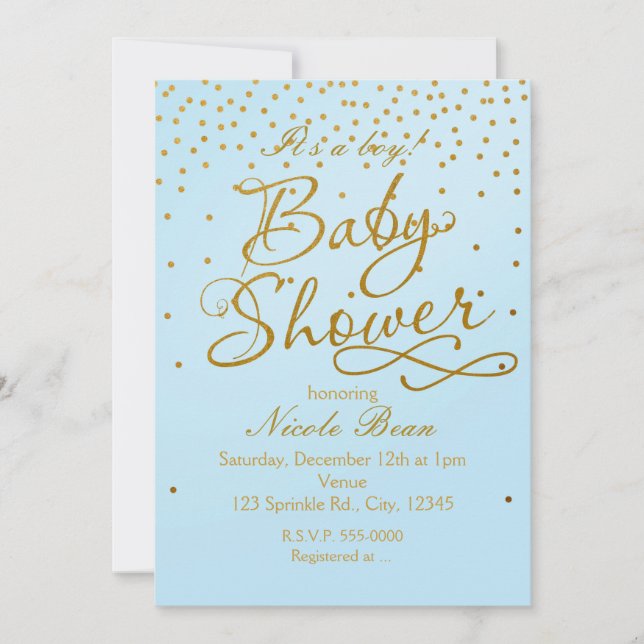 BABY SHOWER Light Blue & Gold Confetti Invitation (Front)