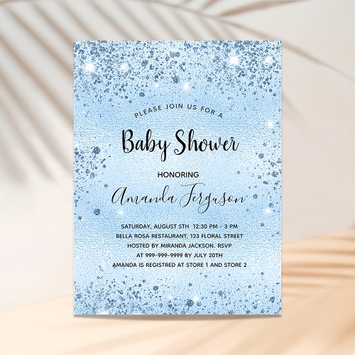 Baby Shower light blue metal glitter dust boy Invitation Postcard