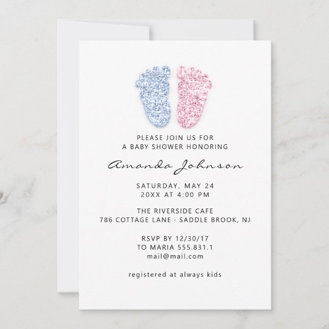 Baby Shower Light Blue Pink Feet Glitter Boy Girl Invitation (Front)