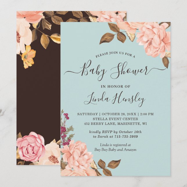 Baby Shower Light Dusty Blue Blush Rose Floral Invitation (Front/Back)