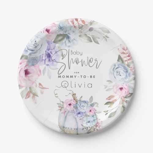 Baby Shower  Lilac Blue Pumpkin Peony Floral Paper Plates