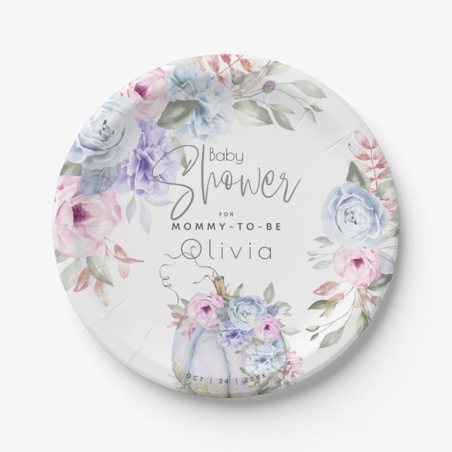 Baby Shower | Lilac Blue Pumpkin Peony Floral Paper Plates (Front)