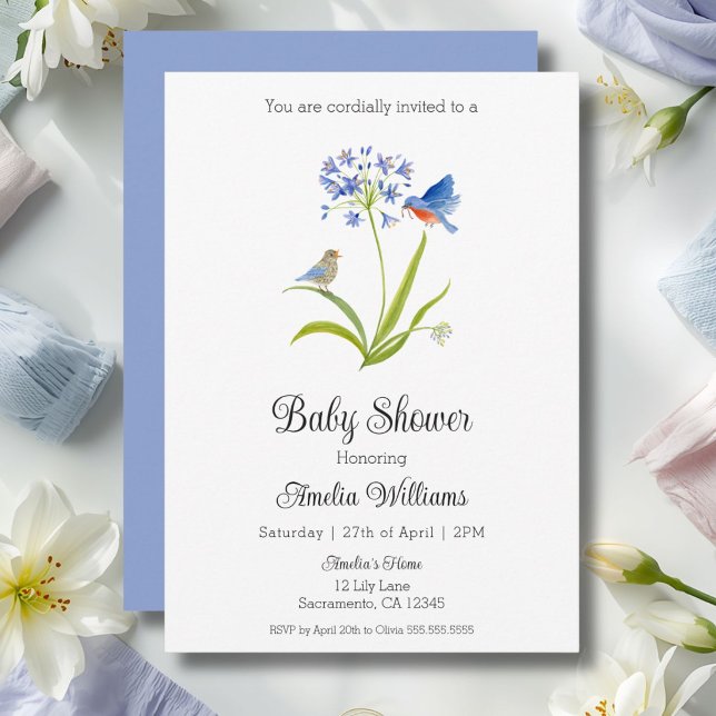 Baby Shower Lily with Bluebird Mother and Baby  Invitation (Creator Uploaded)