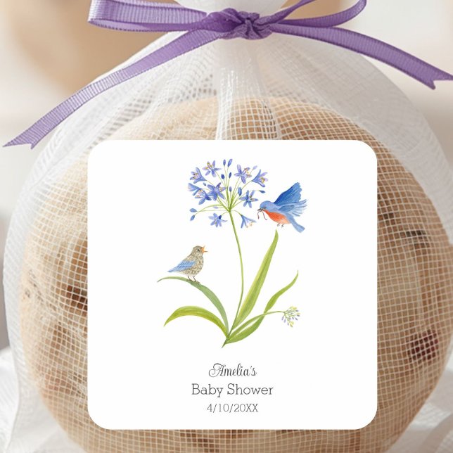 Baby Shower Lily with Bluebird Mother and Baby Square Sticker (Creator Uploaded)