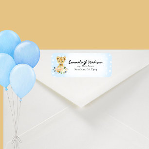Baby Shower Lion Cub Floral Blue Return Address Label