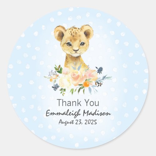 Baby Shower Lion Cub Floral Blue Thank You Favor Classic Round Sticker