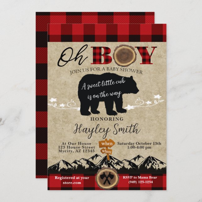 Baby Shower Little Bear Flannel Lumberjack Theme Invitation (Front/Back)