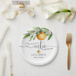 Baby Shower Little Cutie on the Way Watercolor Paper Plates<br><div class="desc">Baby shower citrus fruit design features a little cutie-on-the-way typography with a watercolor orange blossom branch.</div>