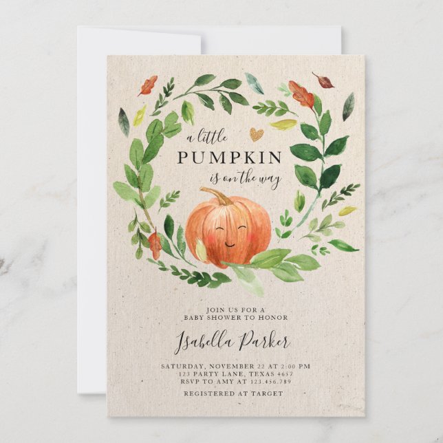 Baby Shower Little Pumpkin Fall Rustic Greenery Invitation (Front)