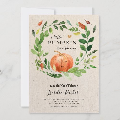 Baby Shower Little Pumpkin Fall Rustic Greenery Invitation