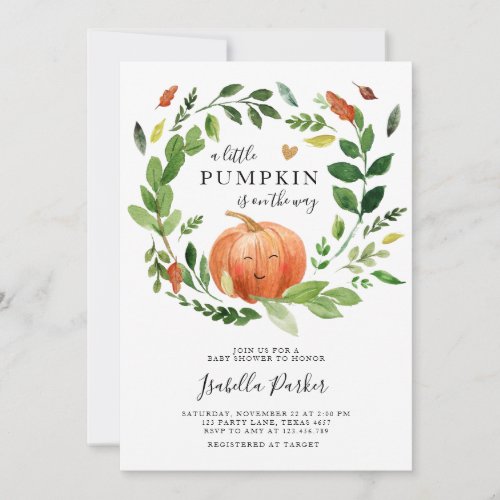 Baby Shower Little Pumpkin Fall Rustic Greenery Invitation