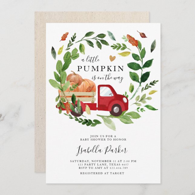 Baby Shower Little Pumpkin Truck Fall Greenery Invitation (Front/Back)