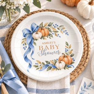 Baby Shower Little Pumpkin Watercolor Blue Bow Paper Plates
