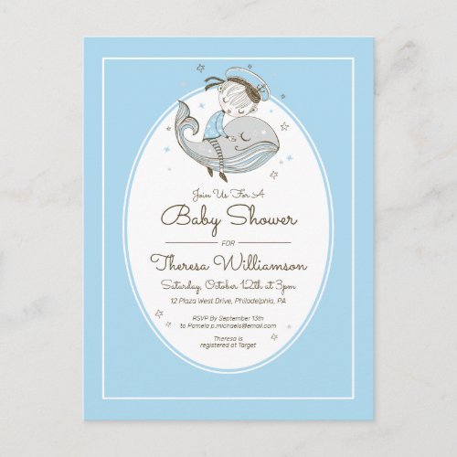 Baby Shower  Little Sailor Boy On A Whale Postcar Postcard