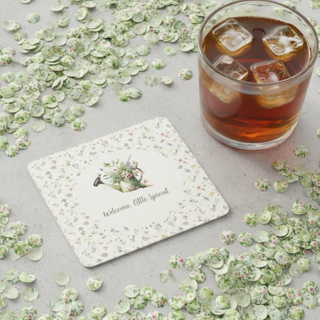 Baby Shower - "Little Sprout" Floral Square Paper Coaster (Sweet garden baby shower drink coaster)