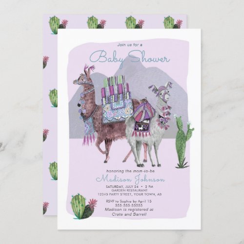 Baby Shower  Llamas  Cactus  Lilac Invitations