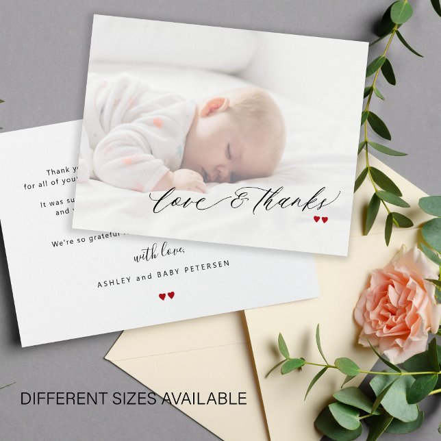Baby shower love and thanks script photo thank you note card (Creator Uploaded)