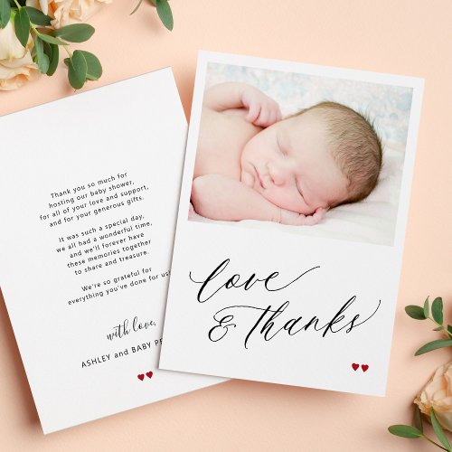 Baby shower love and thanks simple script photo thank you card